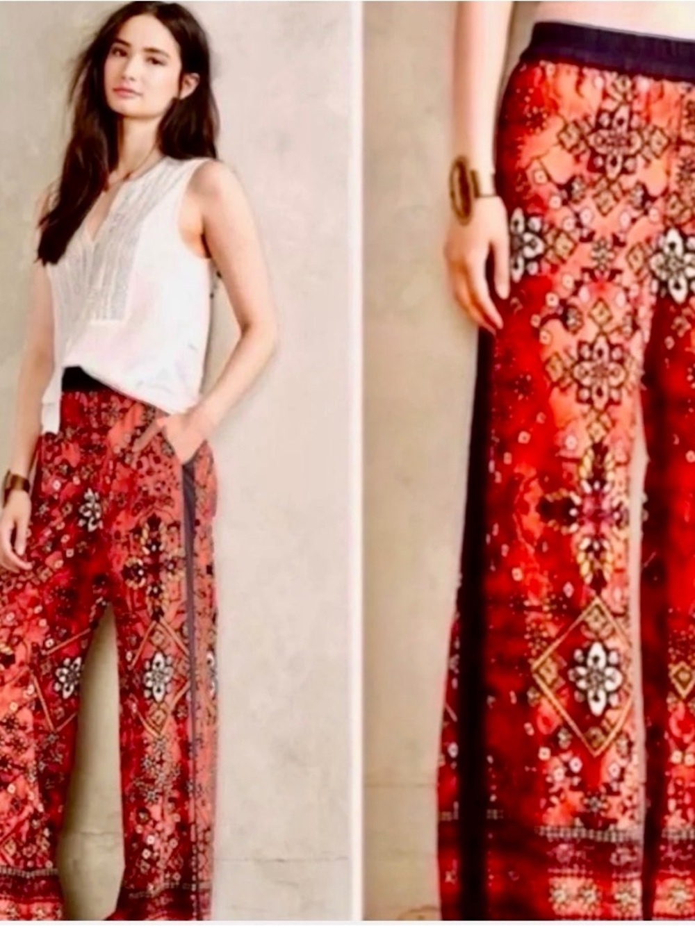 Anthropologie Red Floral-Print Wide-Leg Pants